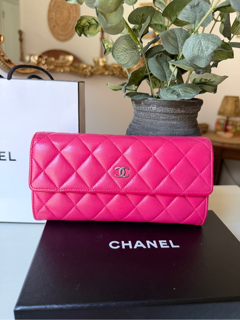 CHANEL Hot Pink Quilted Leather Wallet with CC Logo